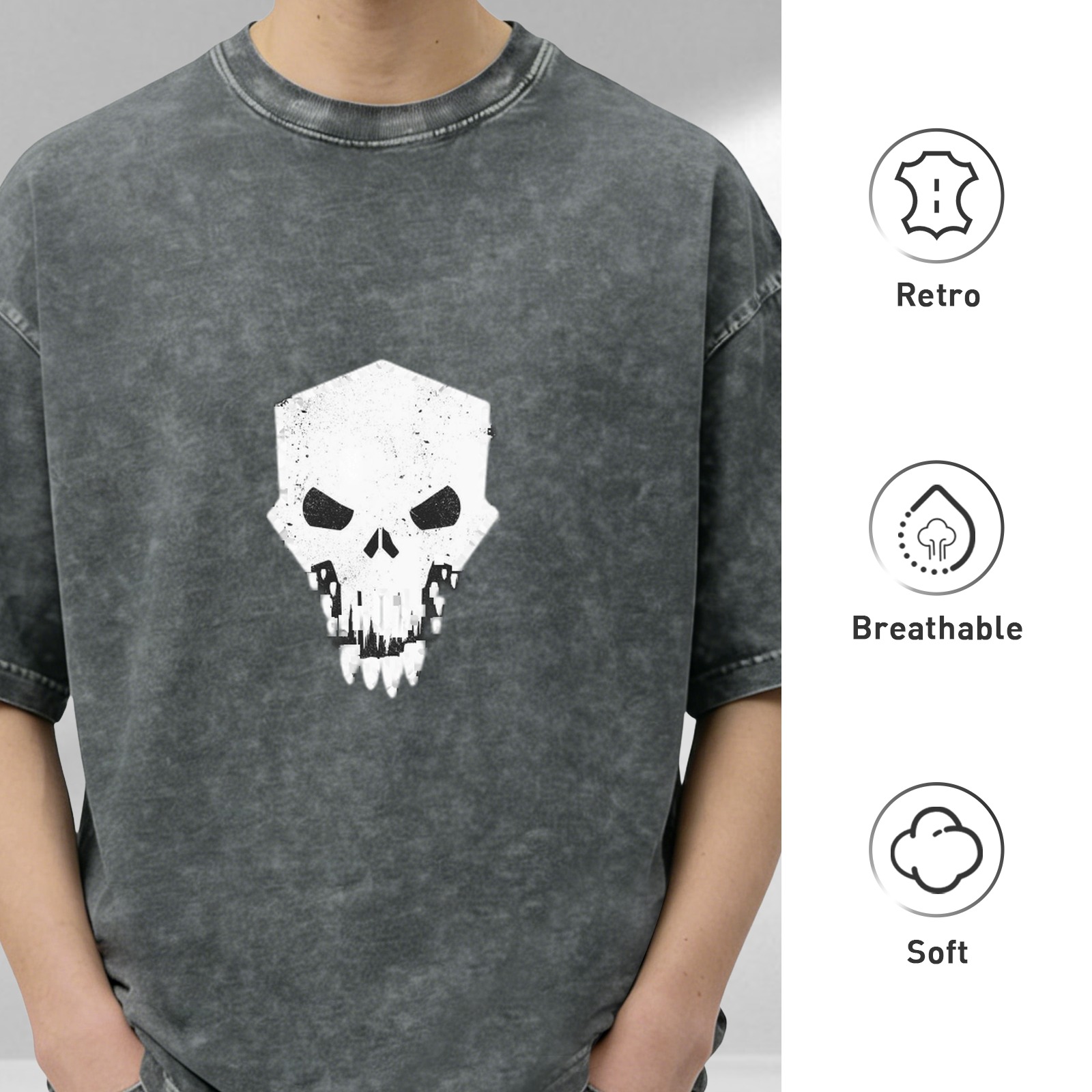 Oversized Acid Wash T-Shirt With Geometric Skull Graphic