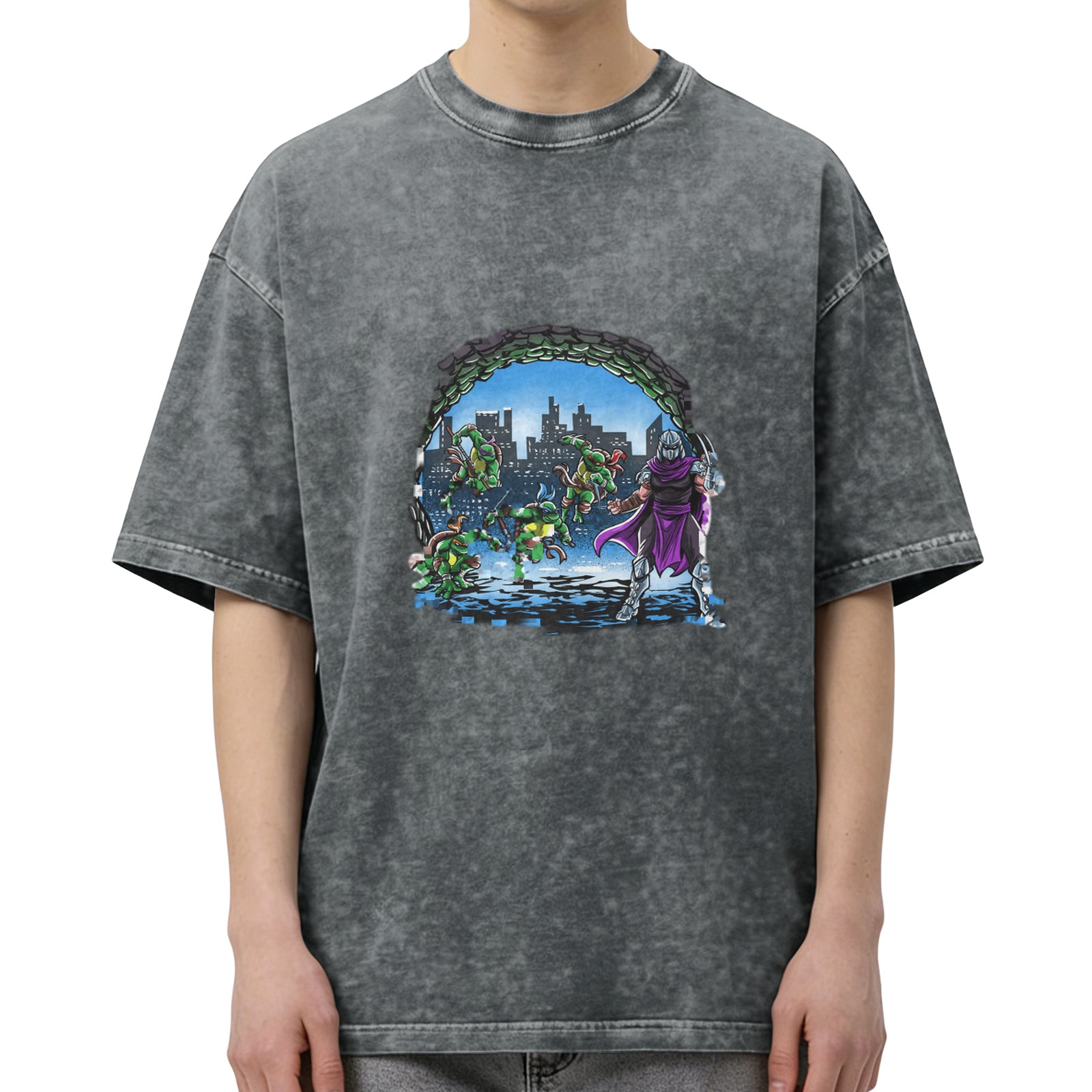 Washed Black T-Shirt with Teenage Mutant Ninja Turtles vs Shredder Graphic