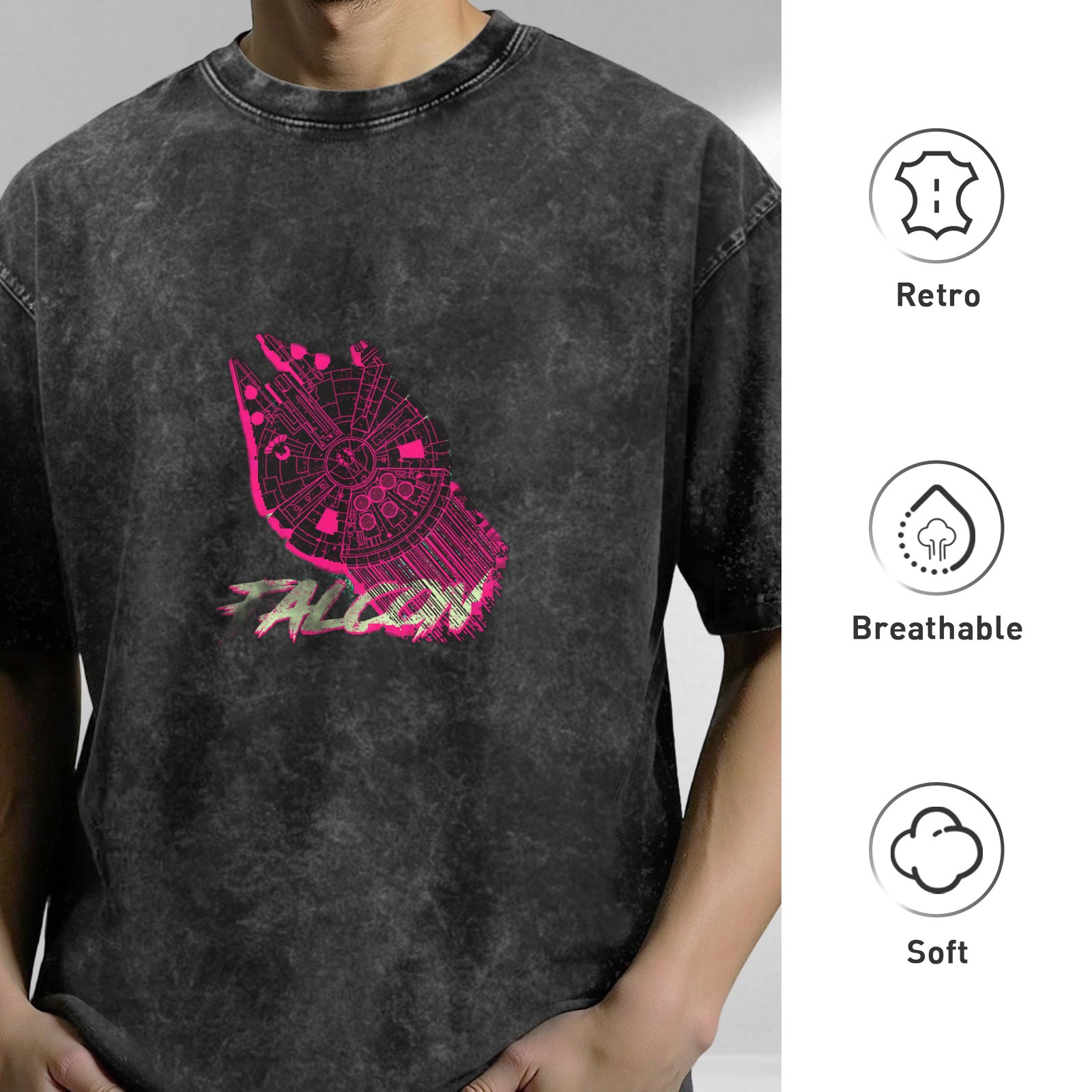 Distressed black short-sleeved T-shirt, pink Millennium Falcon pattern on the chest, FALCON print, loose fit