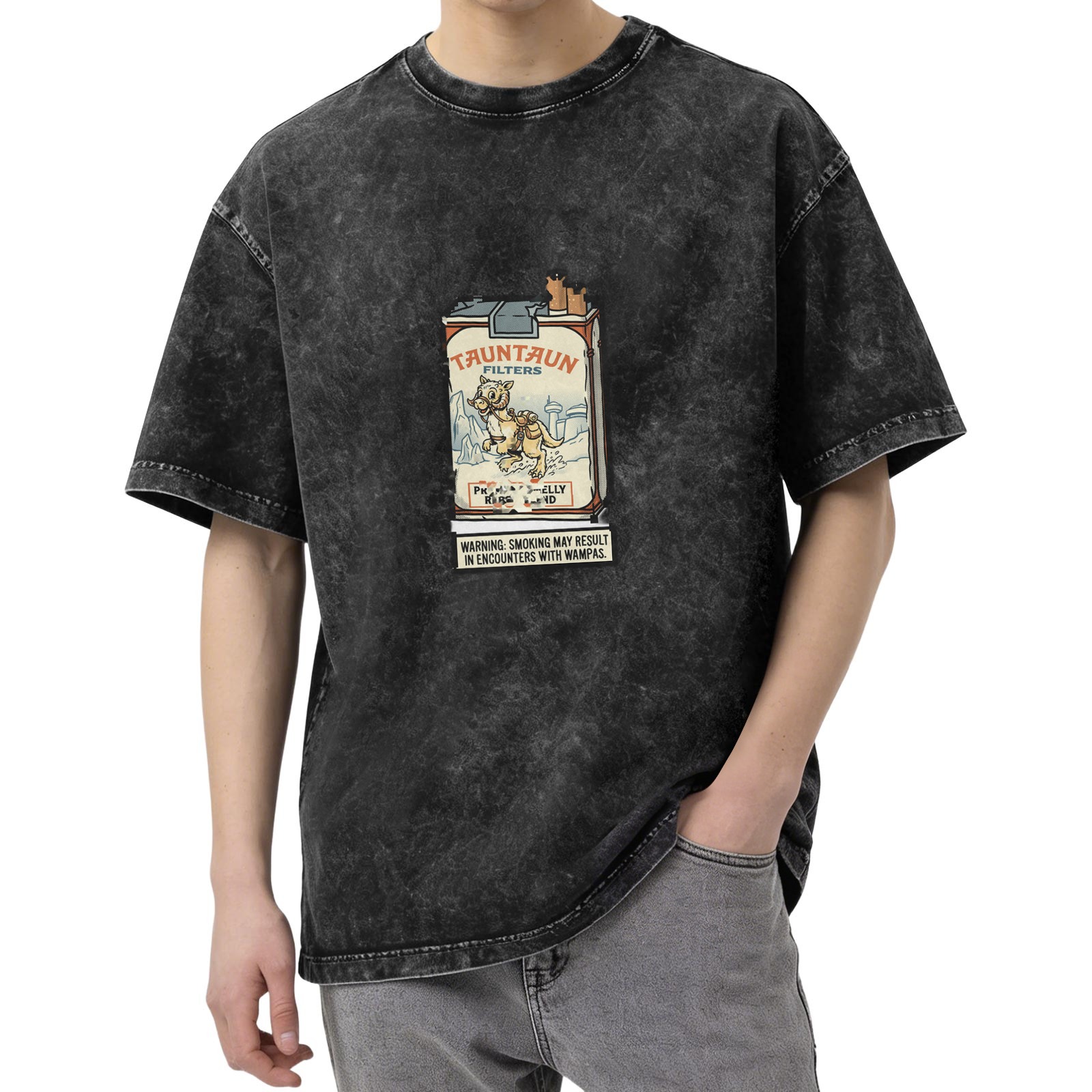 Washed Black T-Shirt With Tauntaun Cigarette Pack Graphic