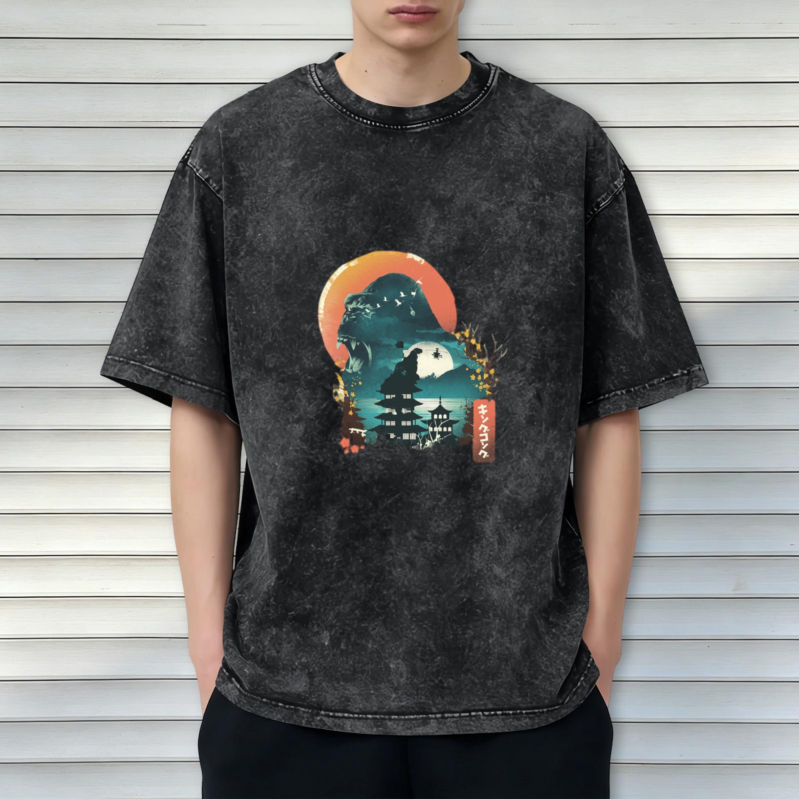 Washed Black Oversized T-Shirt with Japanese Monster Sunset Graphic