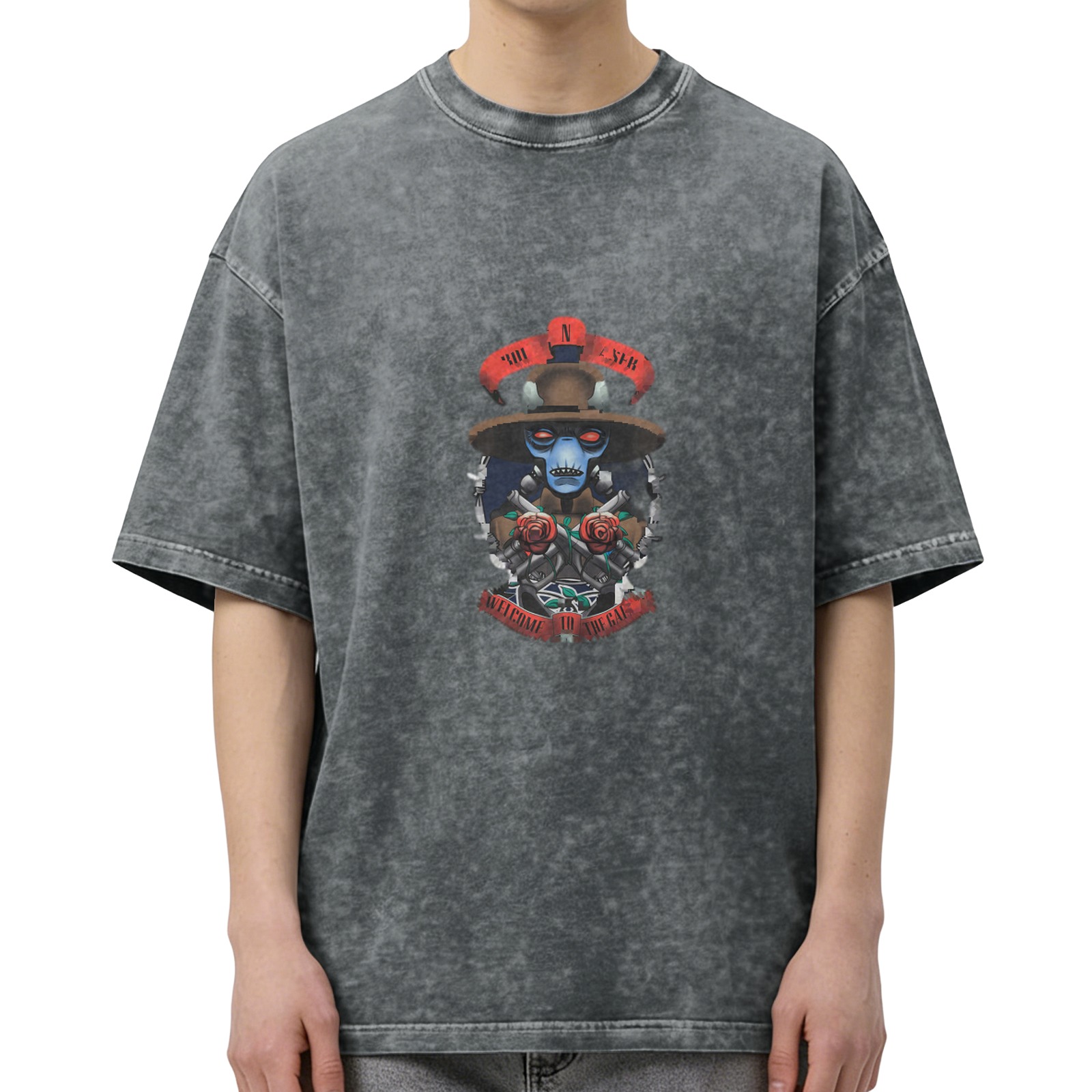 Washed Black T-Shirt With Alien Cowboy Guns And Roses Graphic