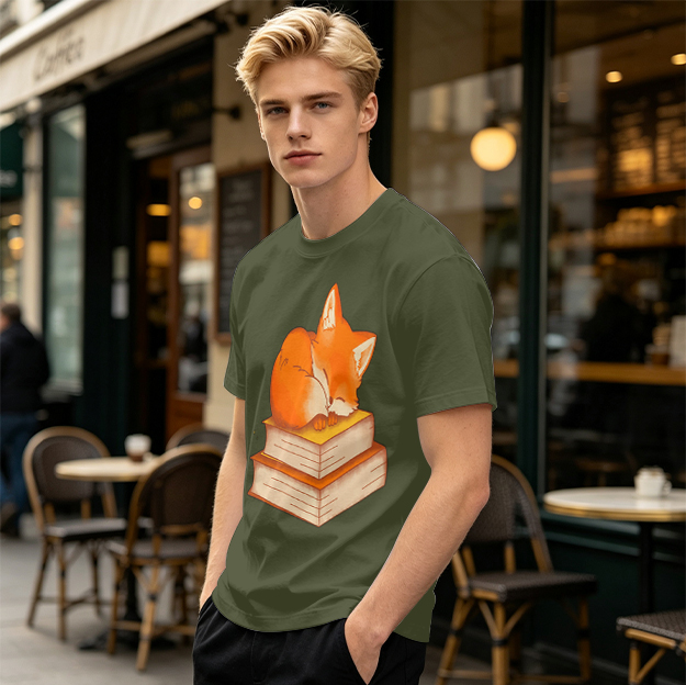 Olive T-Shirt With Sleeping Fox On Stacked Books Print