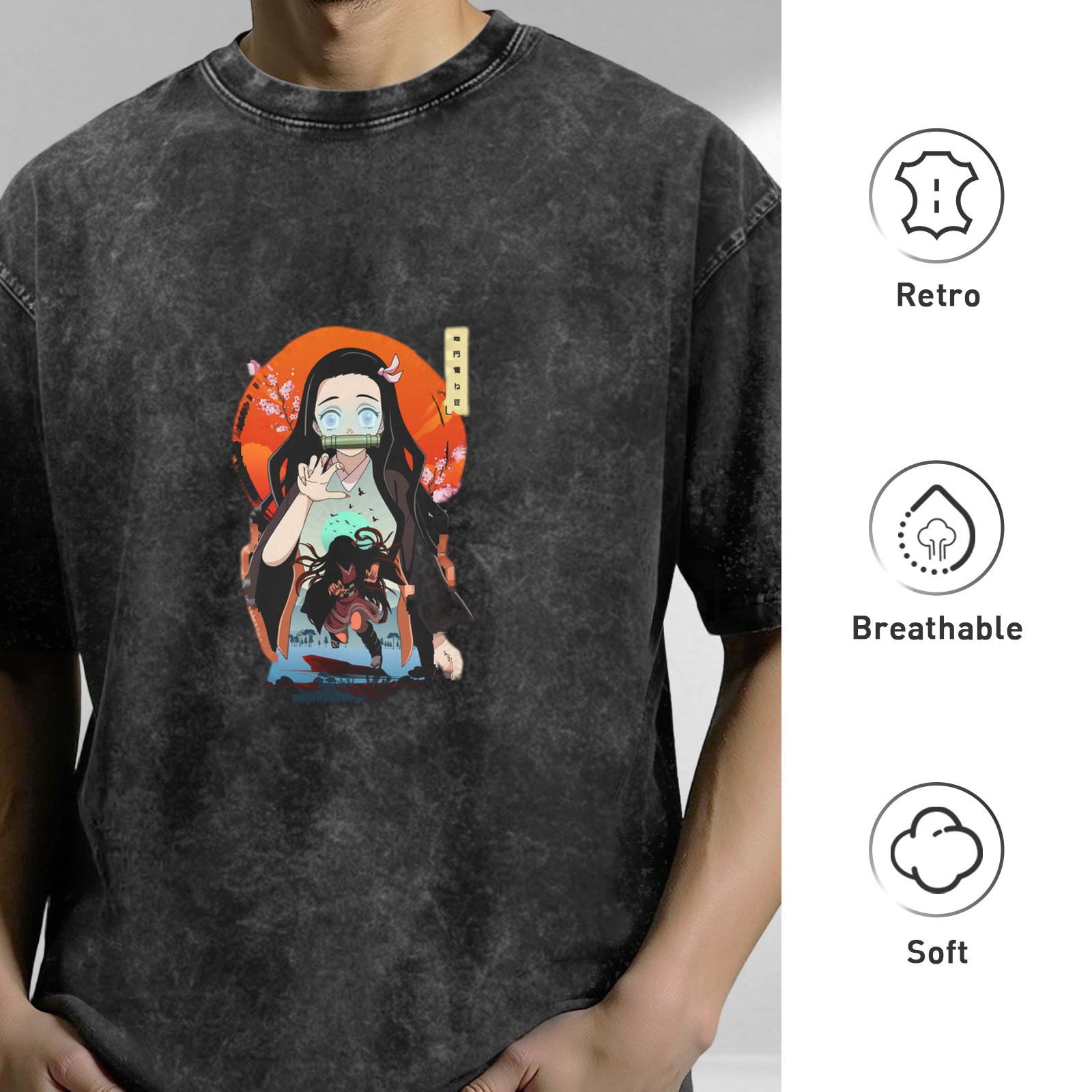 Demon Slayer: Kimetsu no Yaiba Nezuko themed old washed black loose short-sleeved T-shirt