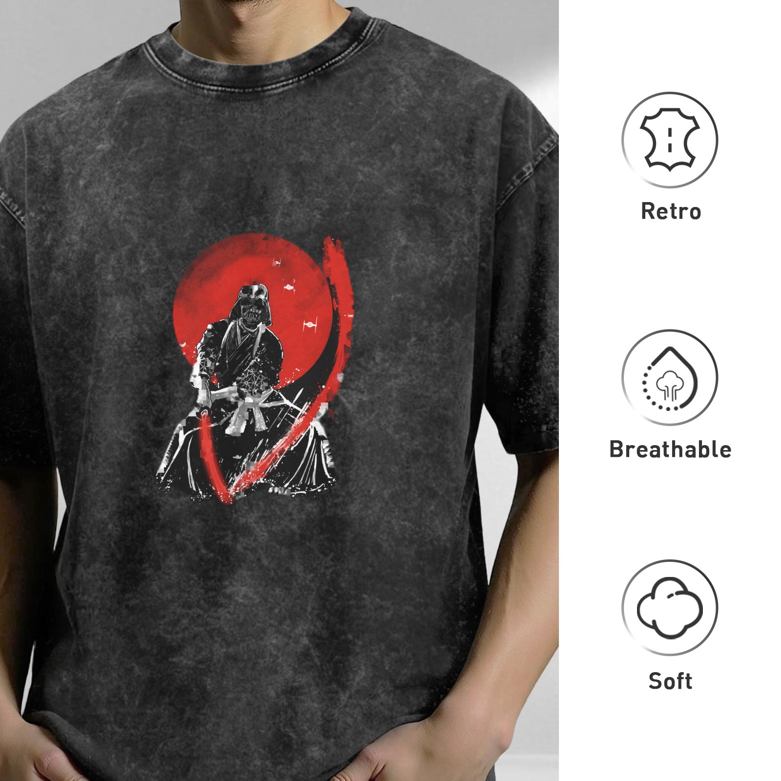 oversized acid wash t-shirt with samurai warrior red sun graphic