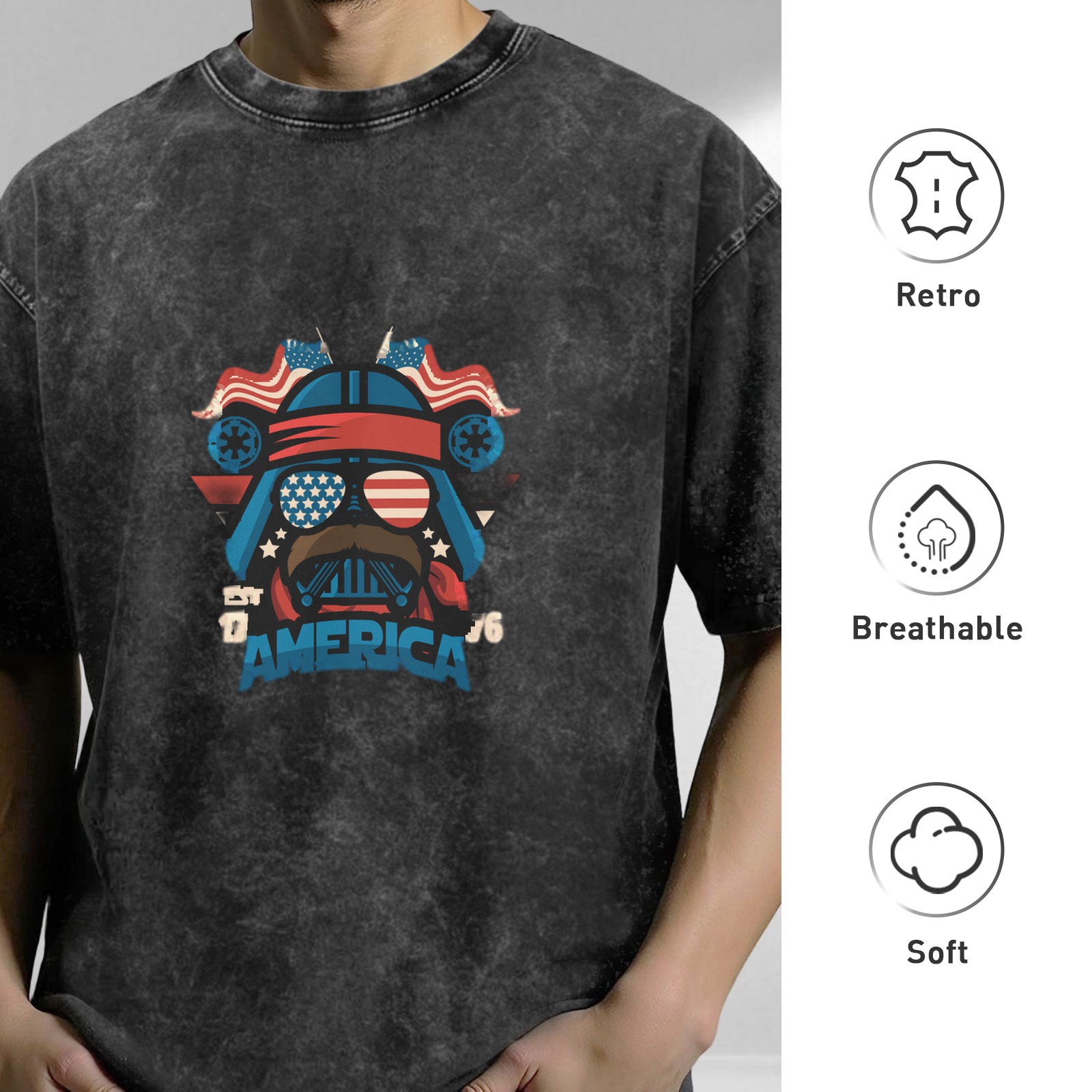 Oversized Vintage Wash T-Shirt with Patriotic Darth Vader Graphic Design