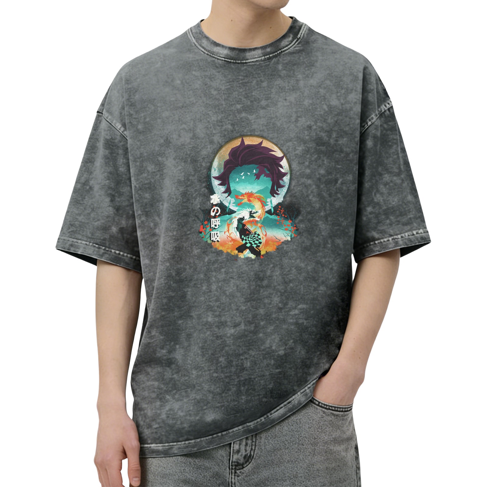 Demon Slayer Tanjiro Water Breathing Anime Graphic Oversized Acid Wash T-Shirt