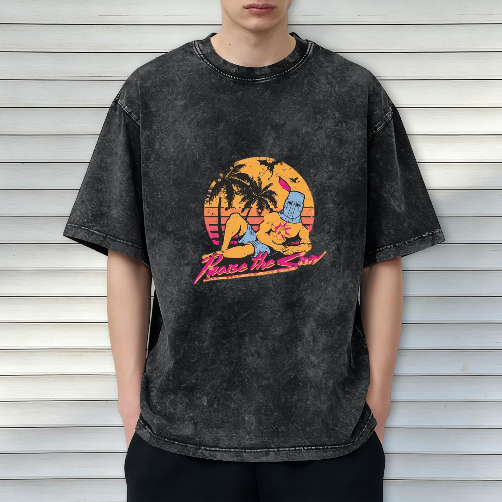 Vintage Acid Wash T-Shirt Praise The Sun Knight Sunset Graphic