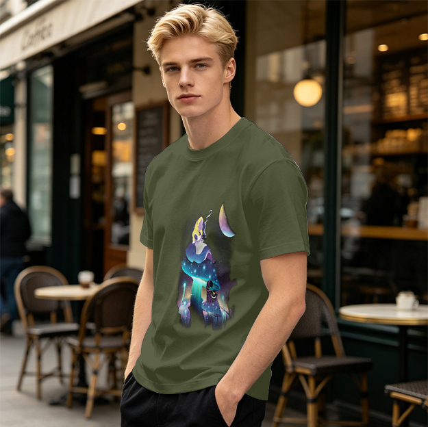 Olive T-Shirt with Alice in Wonderland Galaxy Mushroom Art