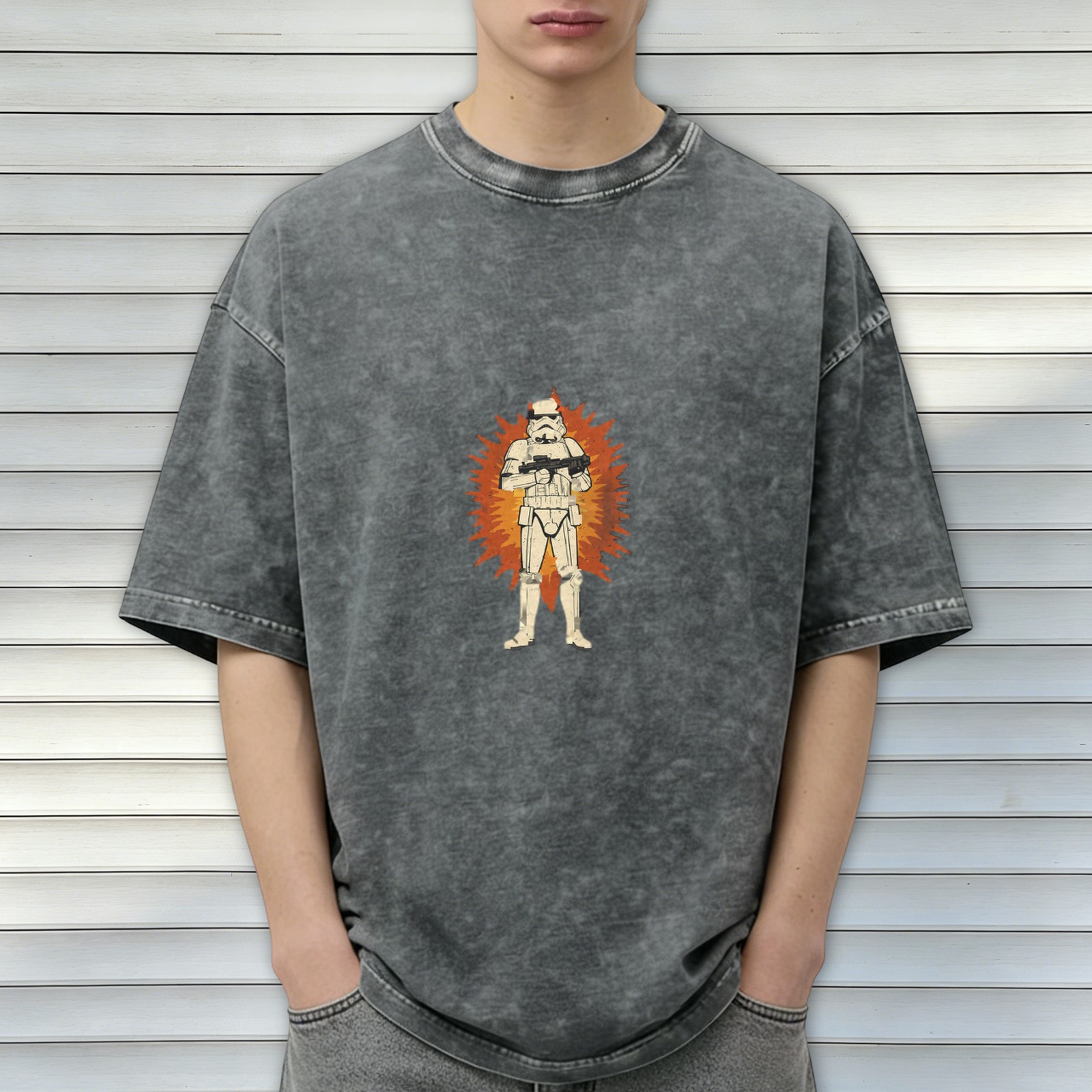 Washed Black Oversized T-Shirt with Star Wars Stormtrooper Graphic