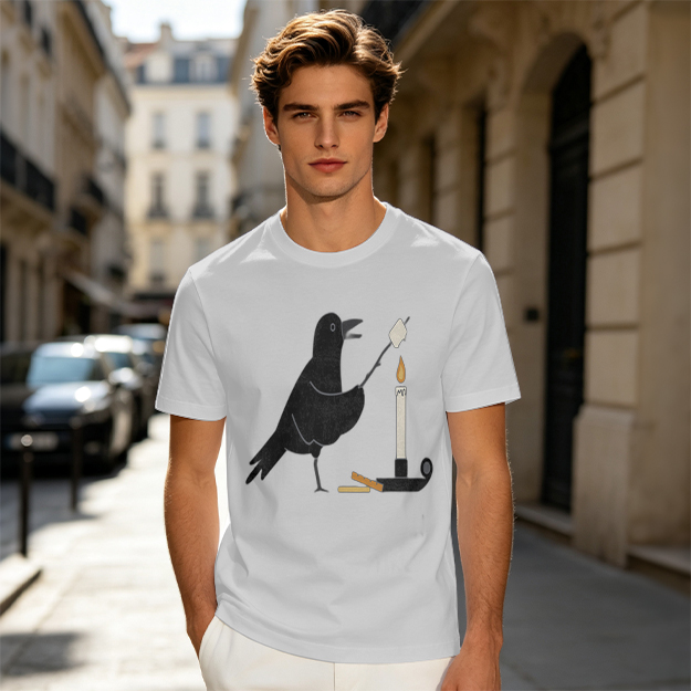 Olive T-Shirt With Crow Roasting Marshmallow Over Candle Print