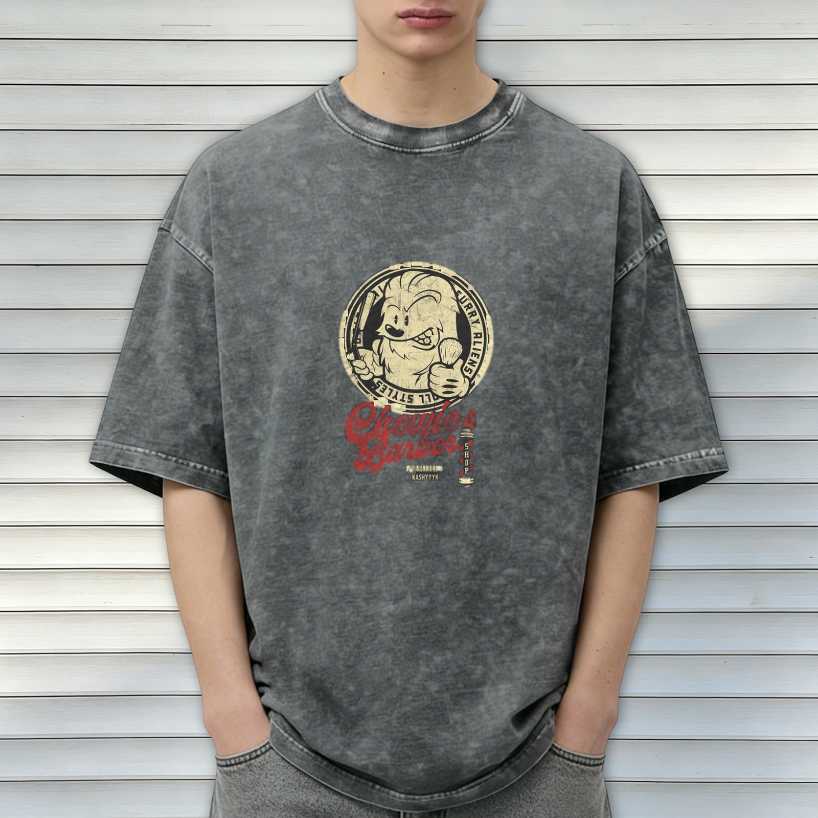 Oversized Acid Wash T-Shirt With Chewie's Barber Graphic Print