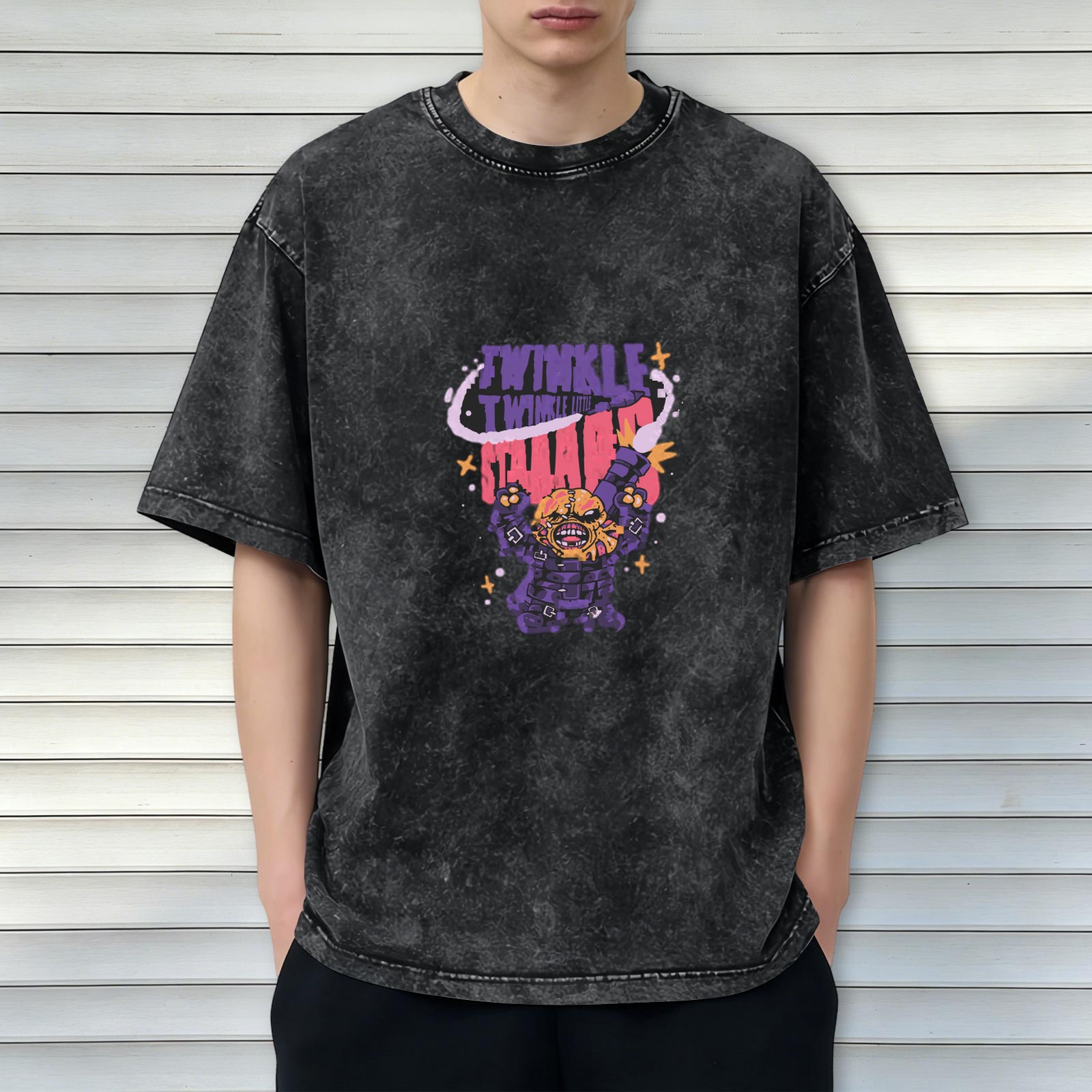 Washed black graphic t-shirt with Twinkle Twinkle Chaos monster print