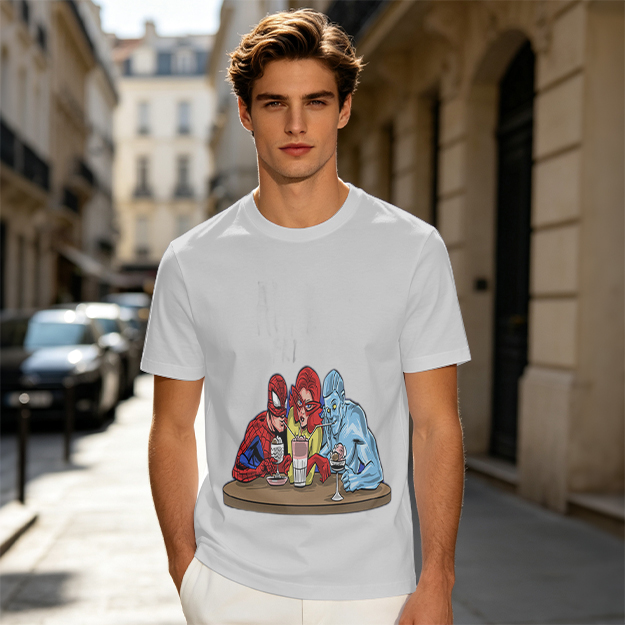 Olive T-Shirt With Superhero Characters Sharing Drinks Print