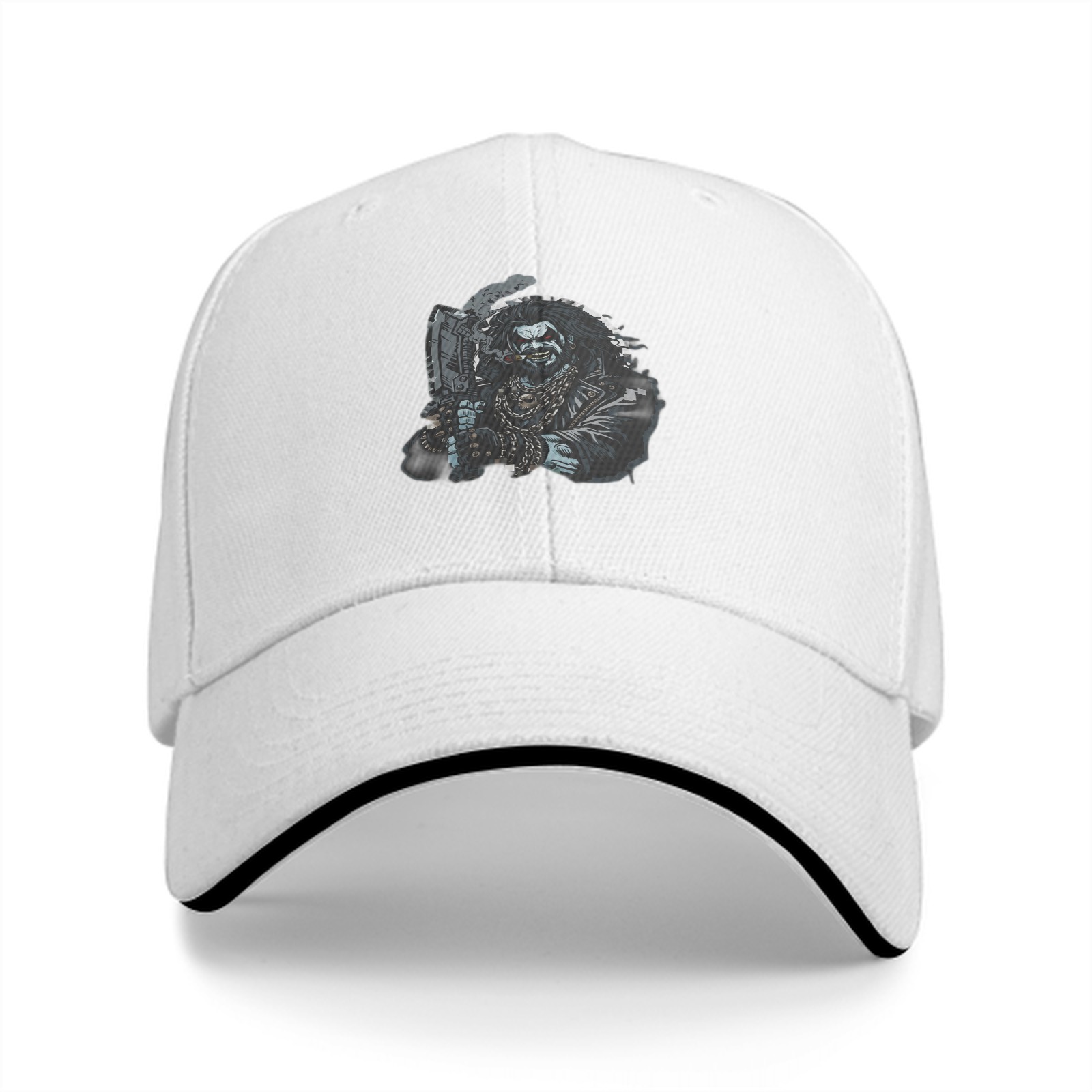 Black Baseball Cap With Tough Biker Character Graphic Print