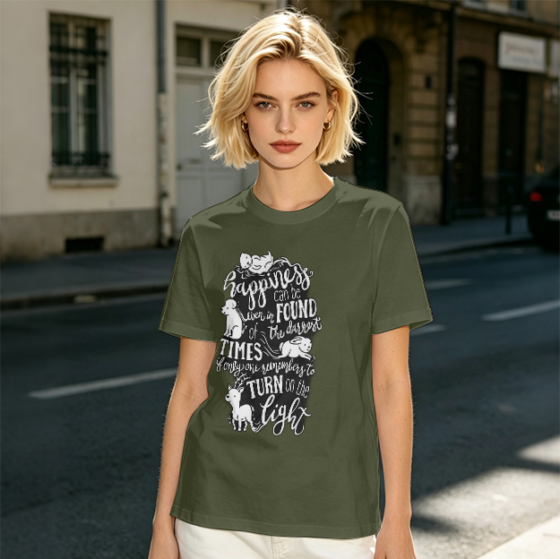 Olive t-shirt with happiness quote and animal illustrations