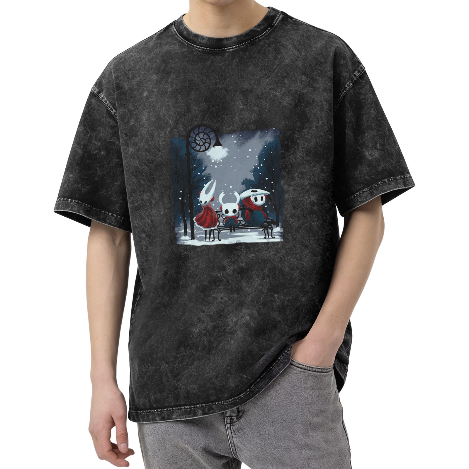 Oversized Dark Wash T-Shirt With Hollow Knight Winter Scene Print