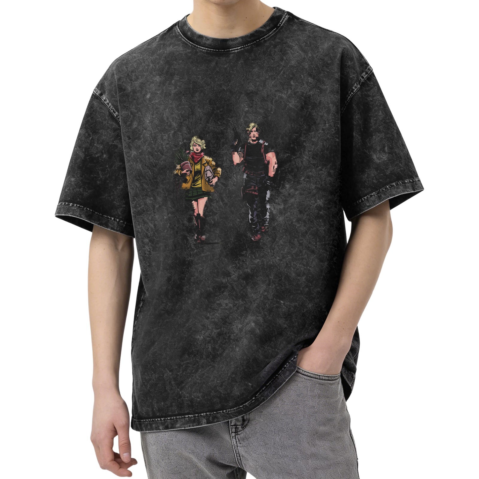 Oversized Dark Wash T-Shirt With Two Character Graphic Print