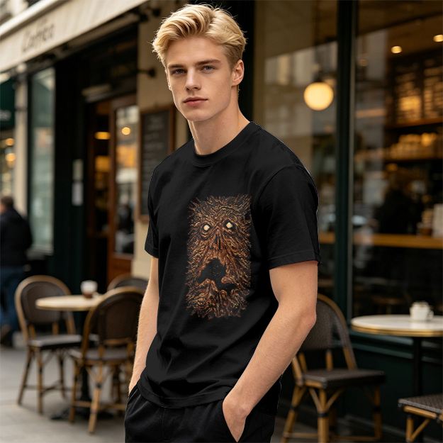 Olive Green T-Shirt with Spooky Tree Monster Face Print