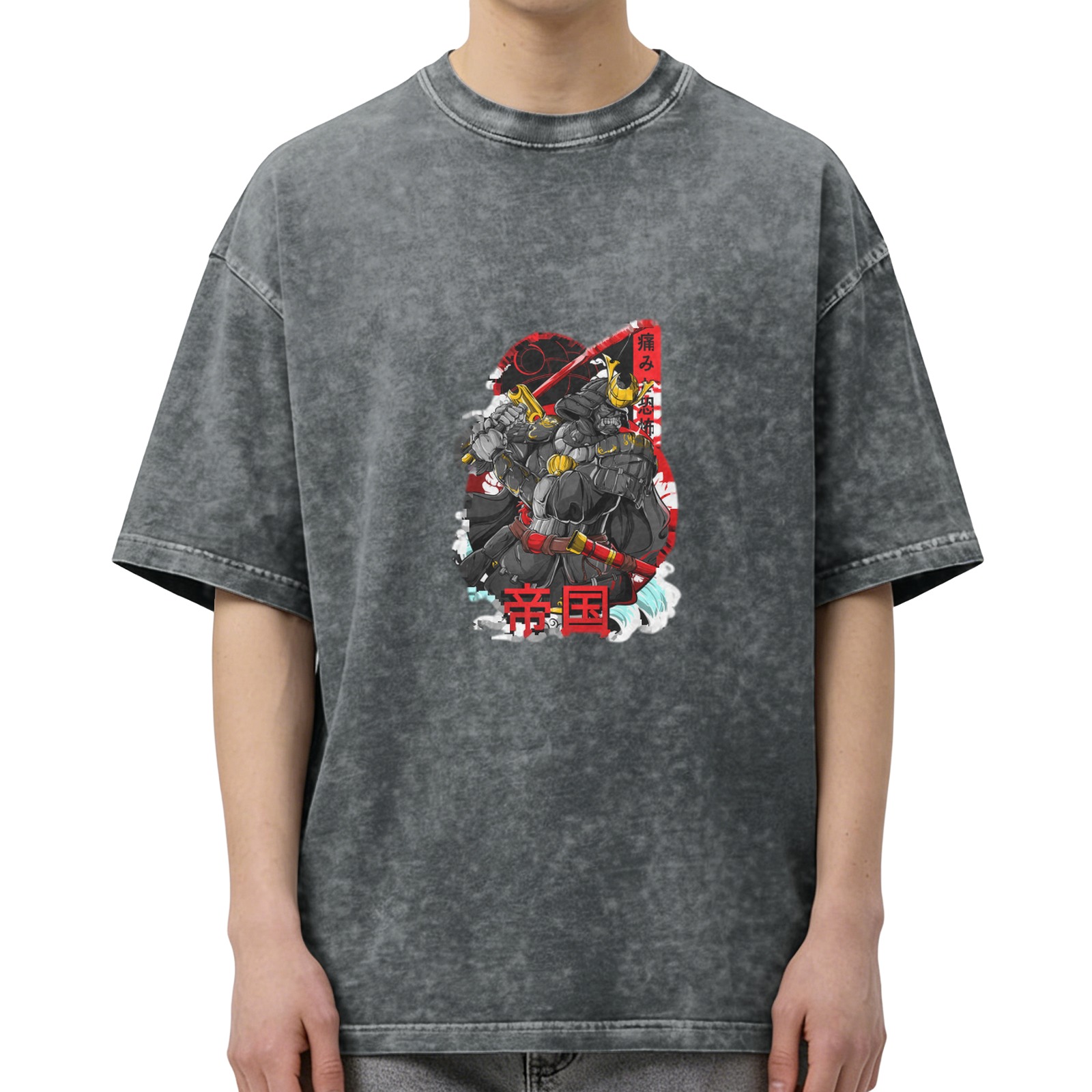 Oversized Black Acid Wash T-Shirt with Japanese Samurai Graphic Print