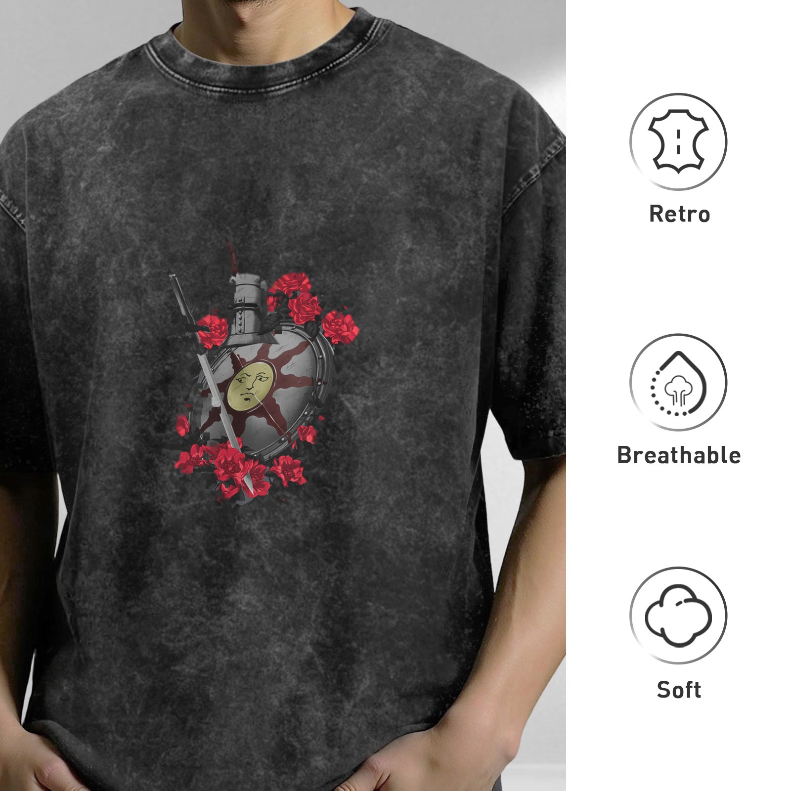Dark Acid Wash T-Shirt with Knight Shield and Red Roses Graphic