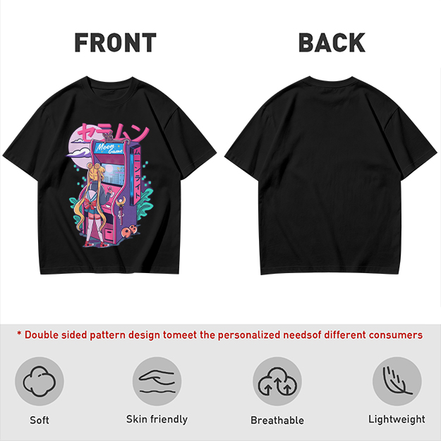 Anime girl playing moon arcade game graphic tee