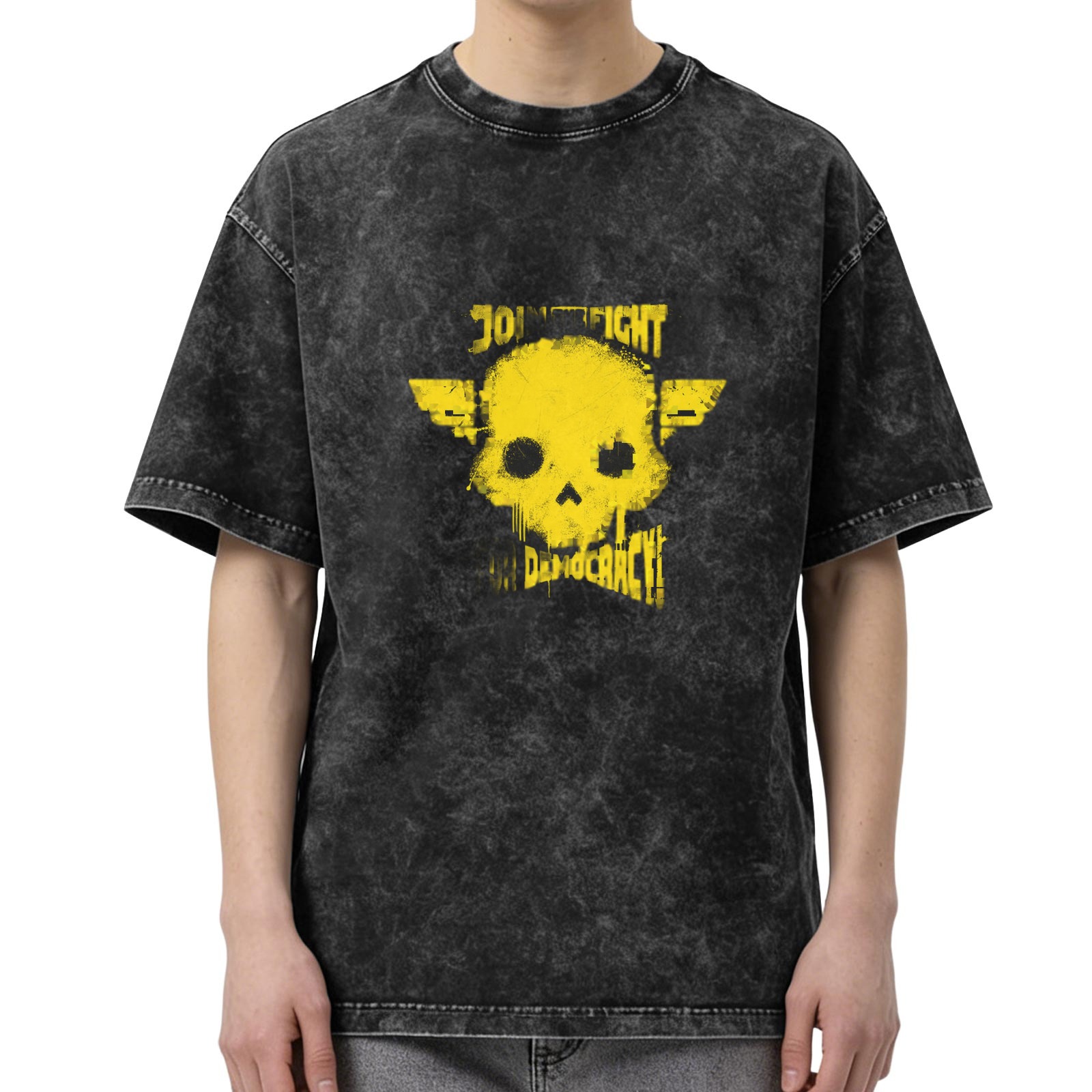 Distressed washed black short-sleeved T-shirt Hellraiser 2 Join Fight Democracy skull printed loose top