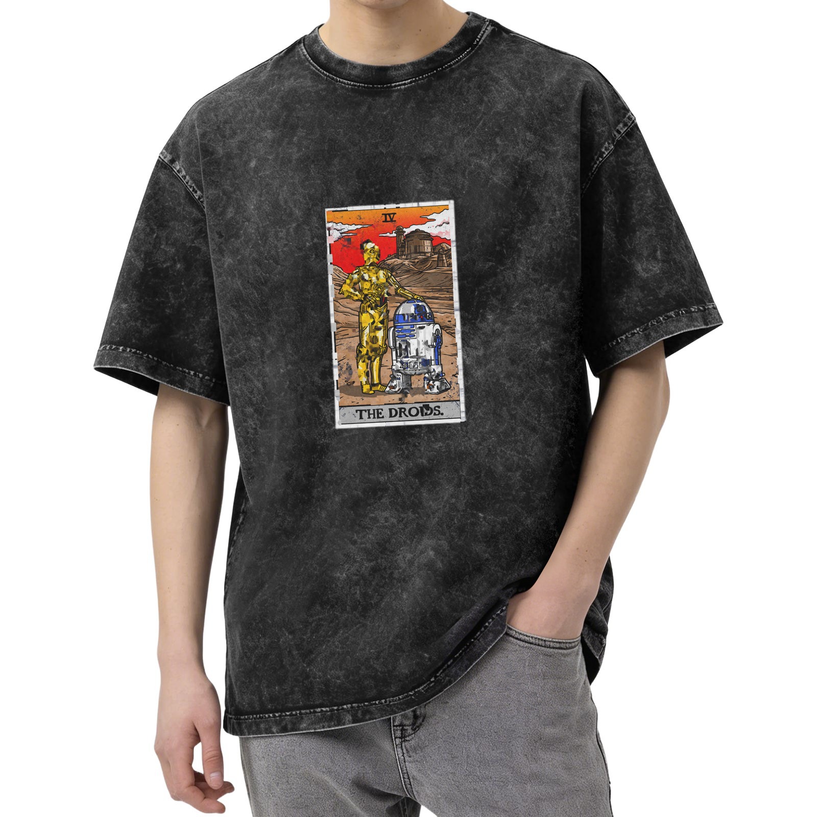 Star Wars The Droids Tarot Card Graphic Oversized Stone Wash T-Shirt