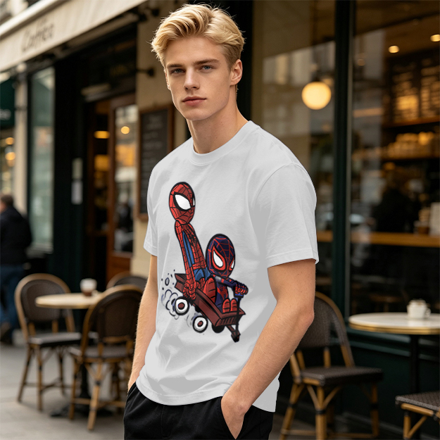 Olive T-shirt with Chibi Spider-Men Riding a Wagon Graphic