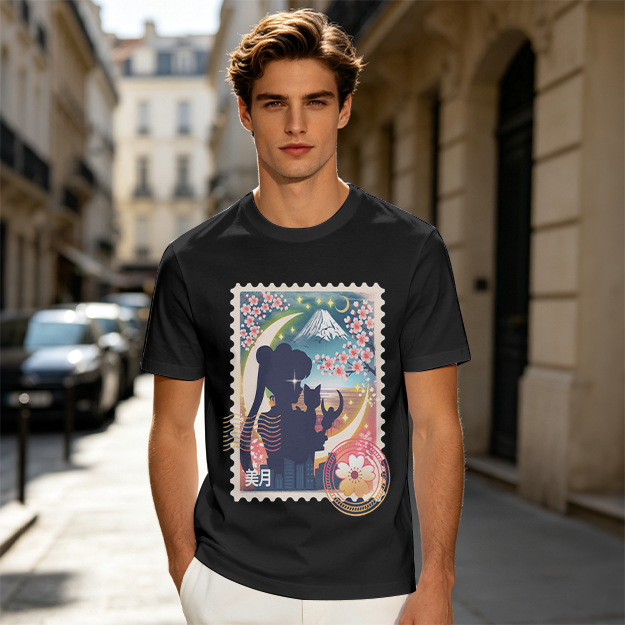 Olive T-shirt with Japanese stamp-style anime graphic print
