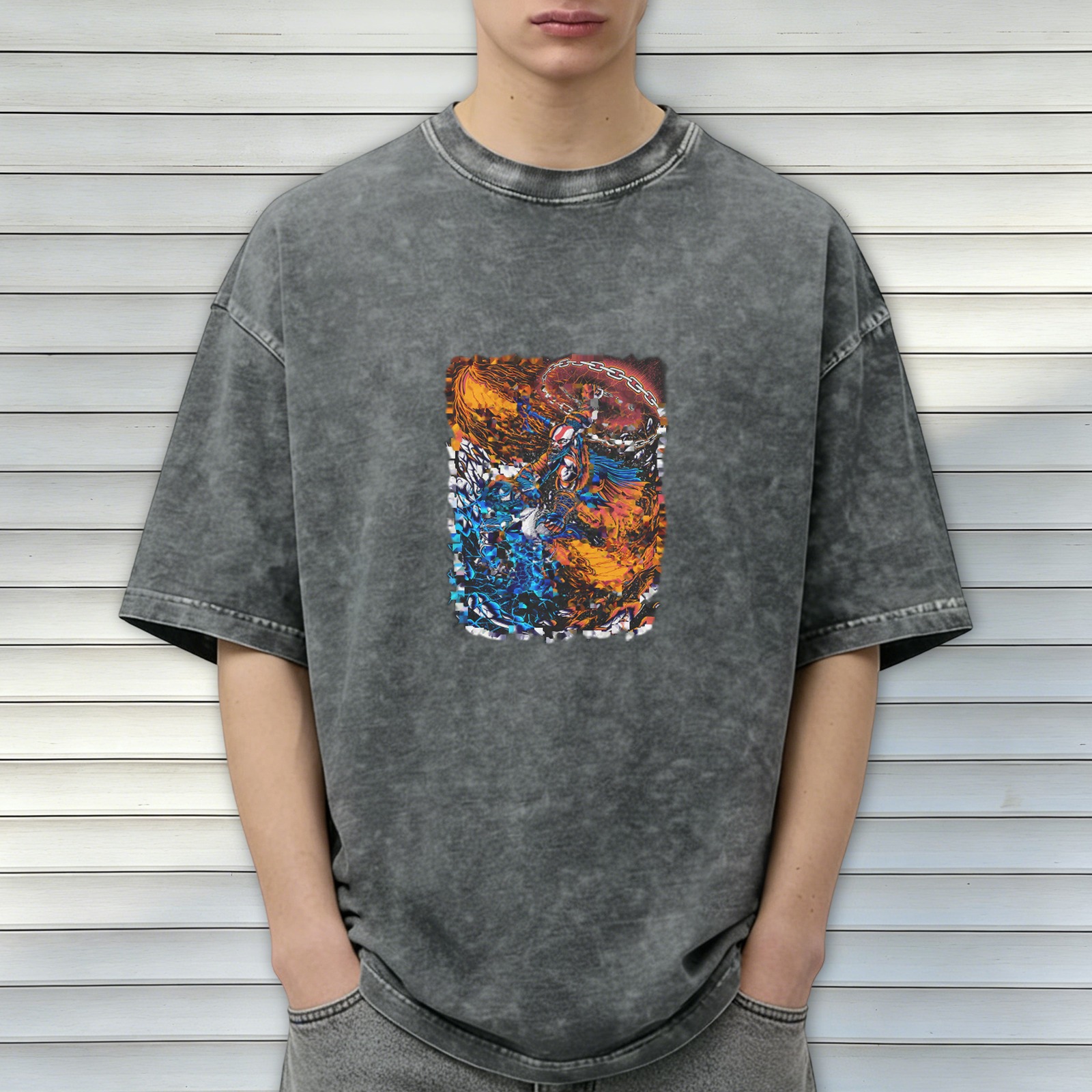 Oversized Acid Wash Graphic T-Shirt with Fire and Water Art Print