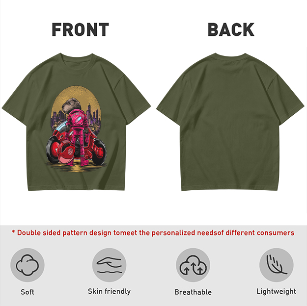 Olive T-Shirt With Capybara Biker And Futuristic City Print