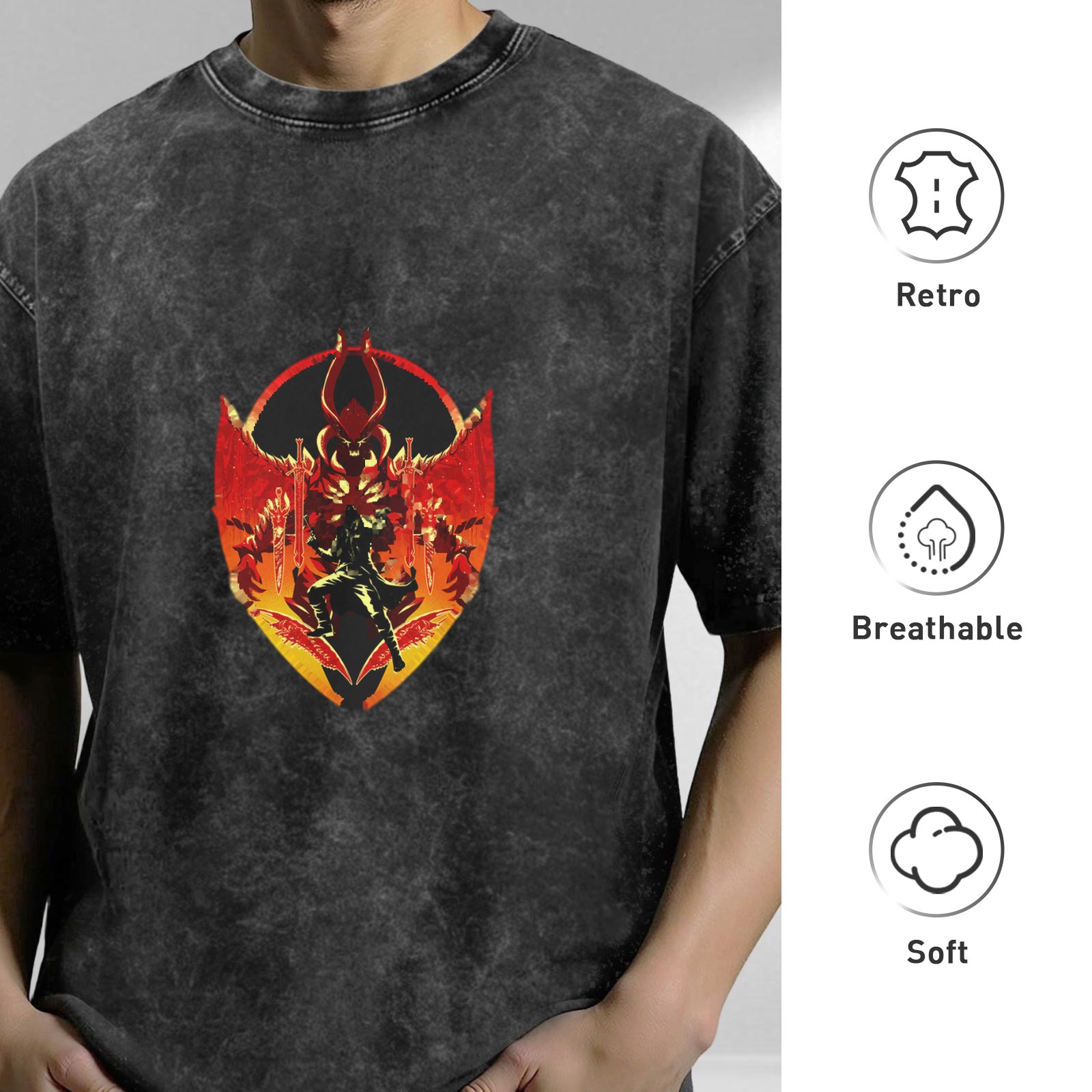 Washed Black Graphic T-Shirt With Fiery Demon Emblem Design
