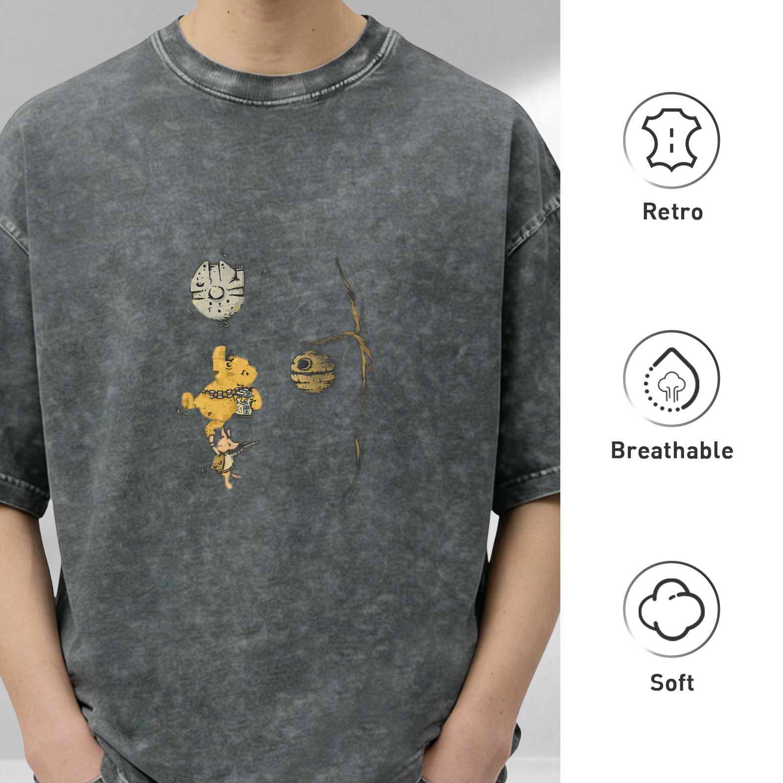 Winnie The Pooh x Star Wars Crossover Vintage Wash T-Shirt - Dark Gray Acid Wash Graphic Tee