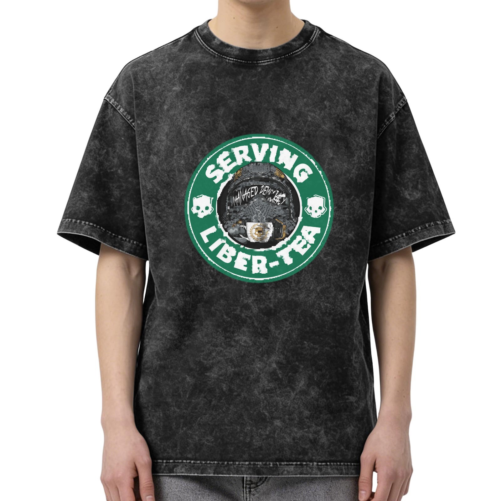 Oversized Acid Wash Graphic T-Shirt with 'SERVING LIBER-TEA' Print