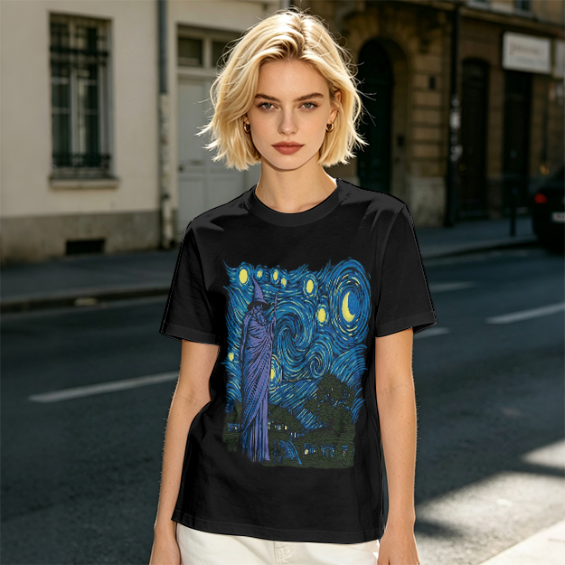 Olive T-Shirt with Wizard Starry Night Art Print