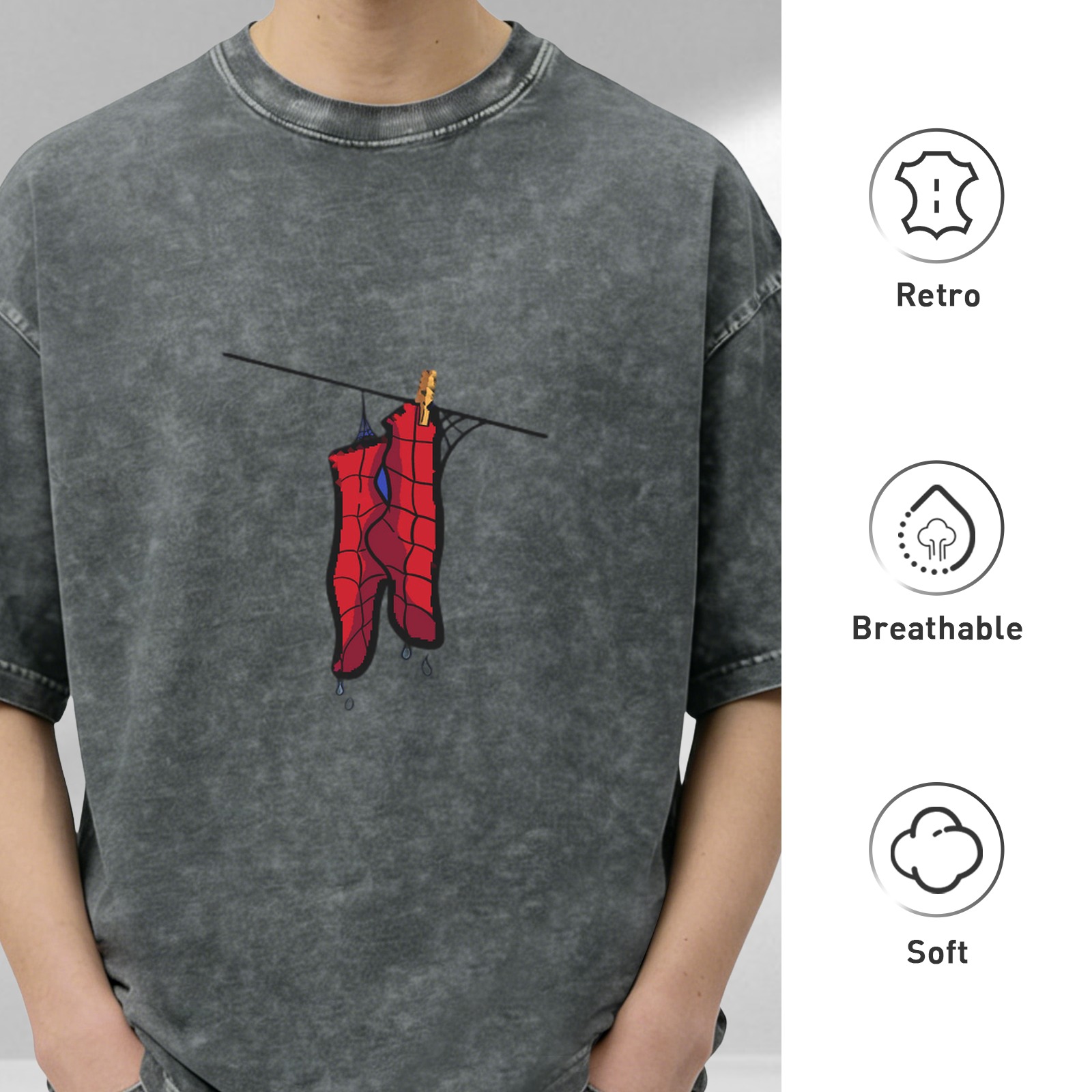 Oversized Acid Wash T-Shirt with Spider-Man Hanging Graphic
