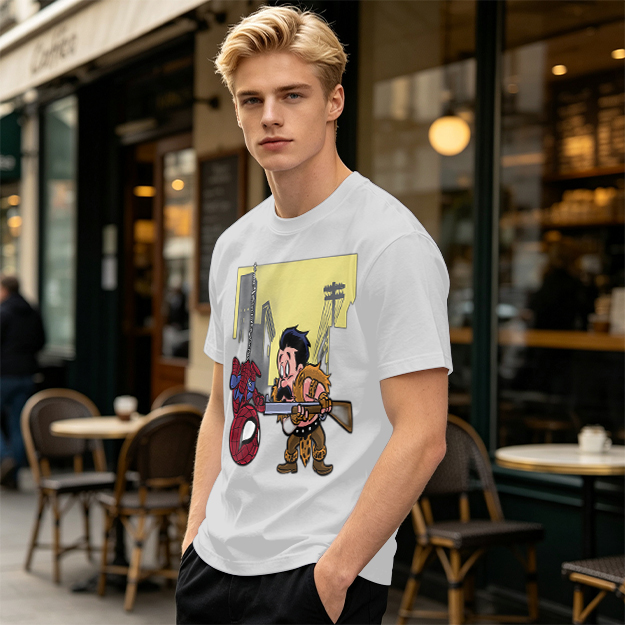 Olive T-shirt with Spider-Man and Hunter Cartoon Print