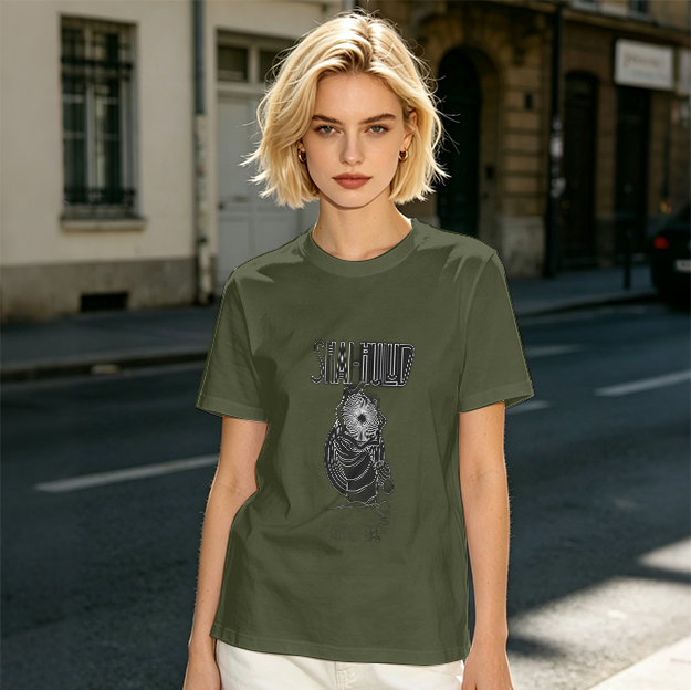 Olive green graphic t-shirt with masked figure print
