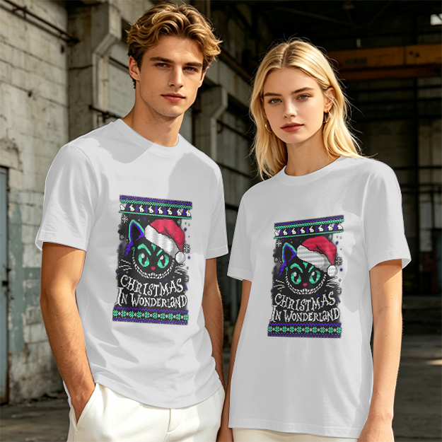 Christmas In Wonderland Cheshire Cat Santa Hat Graphic T-Shirt