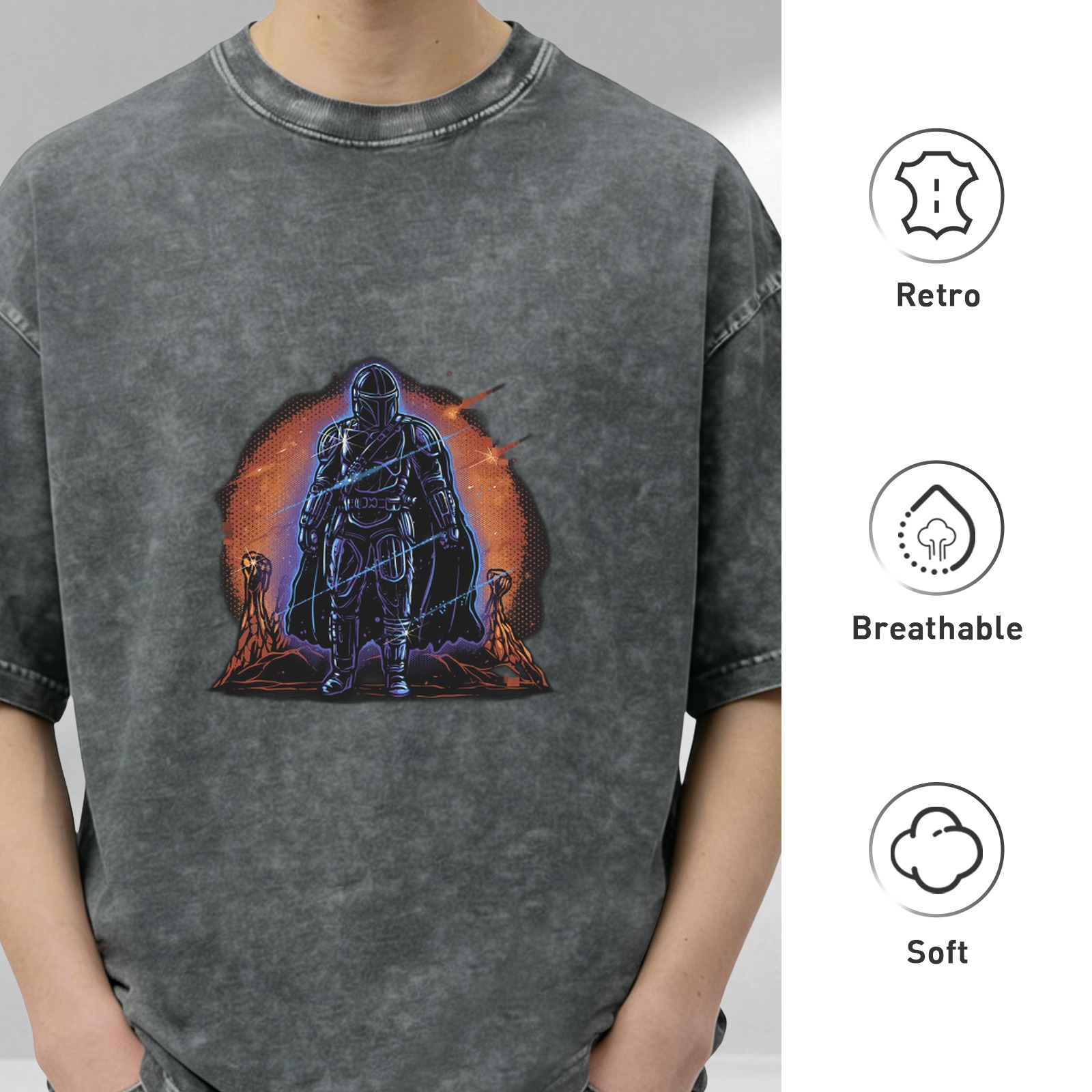 Washed Black T-Shirt With Sci-Fi Bounty Hunter Desert Print