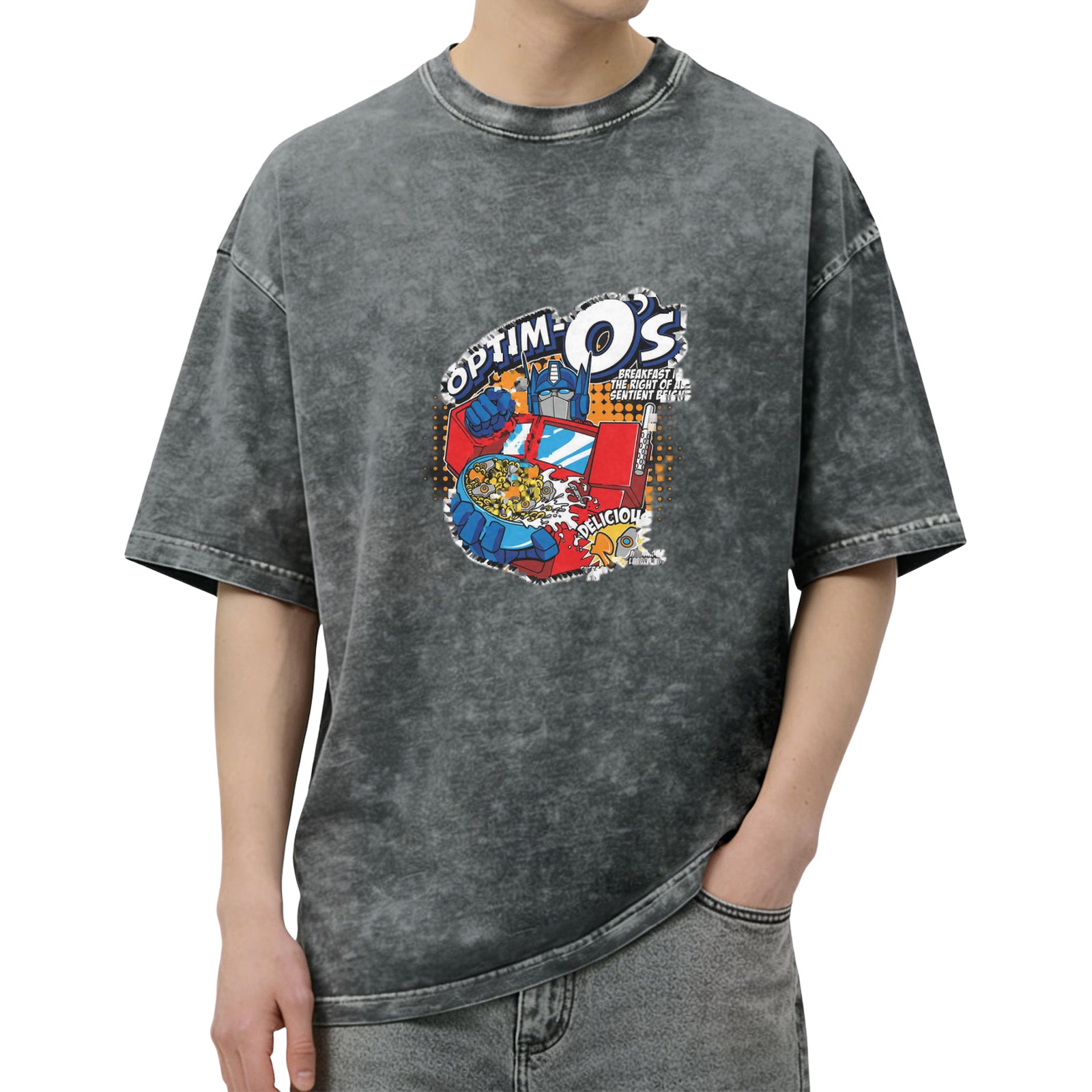 Washed Black T-Shirt with Optim-O's Transformers Graphic Print