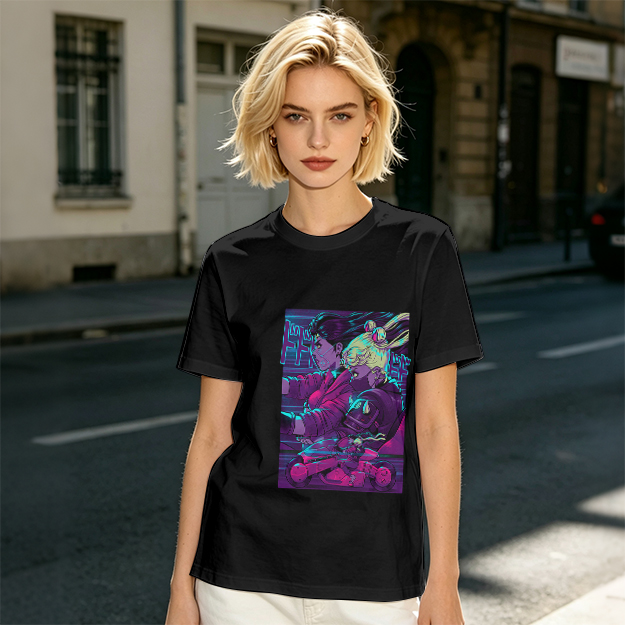 Olive T-shirt with Neon Cyberpunk Anime Character Print