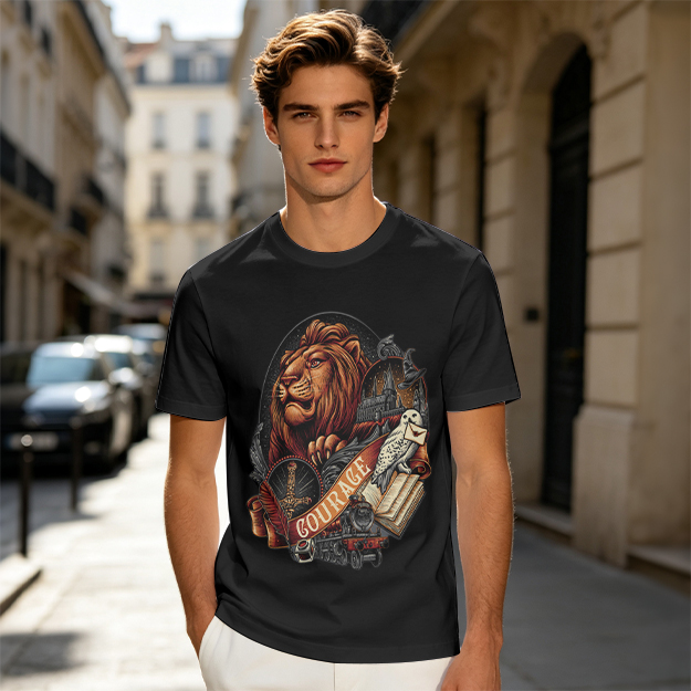 Olive T-Shirt With Lion Courage Themed Fantasy Art Print