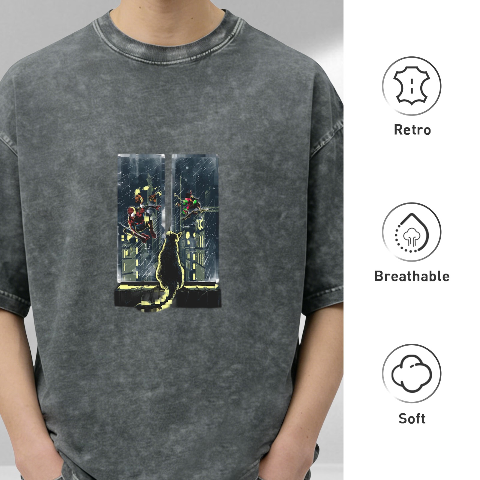 Oversized Acid Wash T-Shirt with Spider-Man City Window Cat Graphic