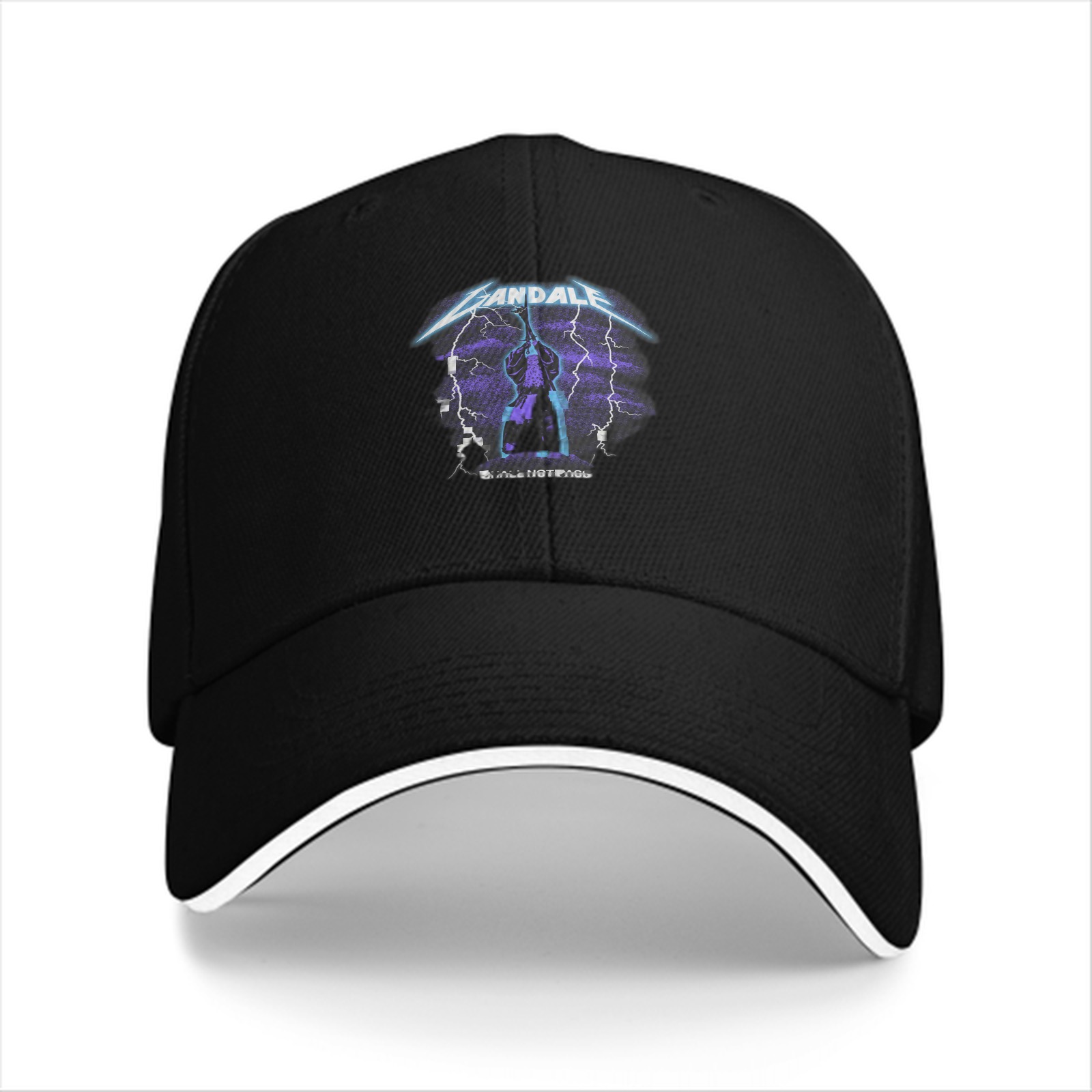 Black baseball cap with lightning graphic and text print