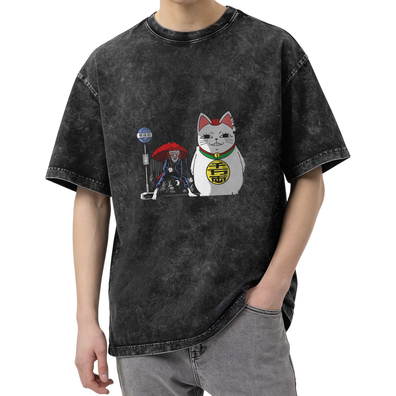 oversized acid wash t-shirt with japanese maneki neko and yokai graphic