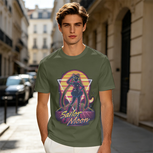 Olive Green Sailor Moon Retro Synthwave Graphic T-Shirt