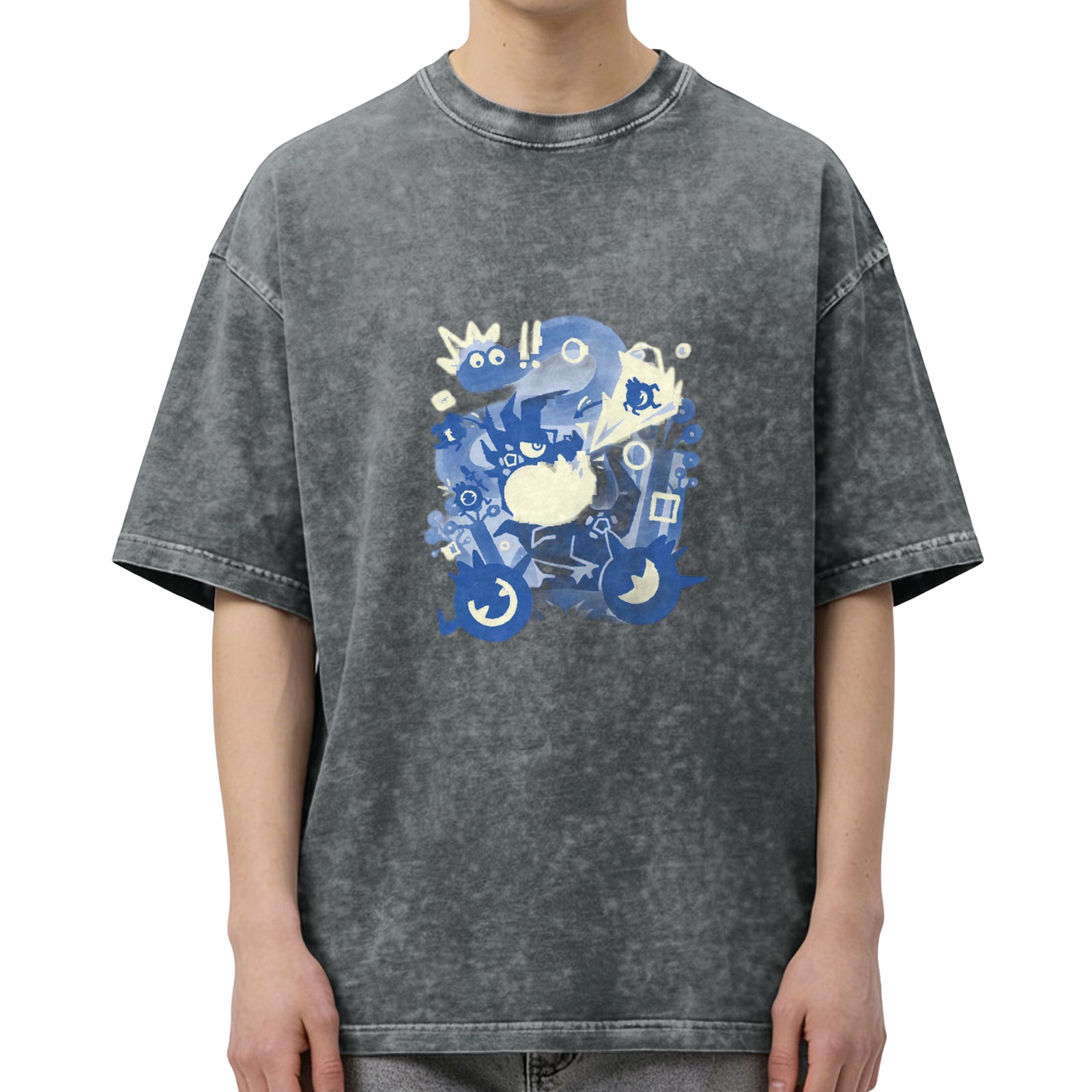 Oversized Washed Black T-Shirt With Blue Whimsical Graphic Print