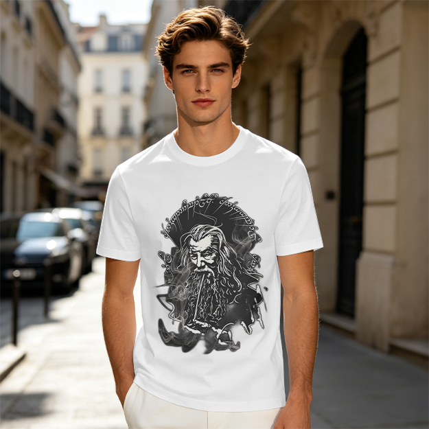 Olive T-Shirt with Wizard Smoking Pipe Fantasy Art Print